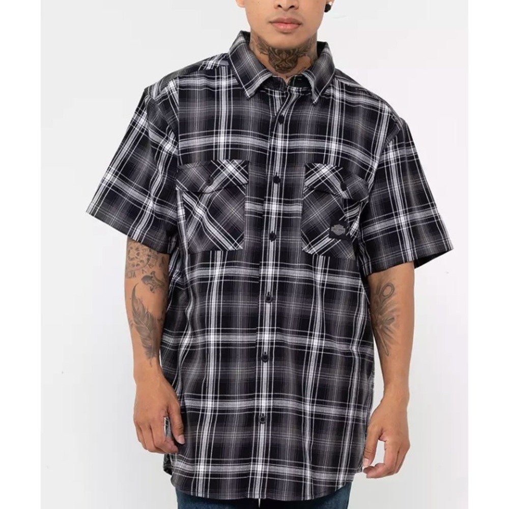 Harley-Davidson‎ Button Up Shirt Mens Size X-Large Black Grey Plaid Short Sleeve